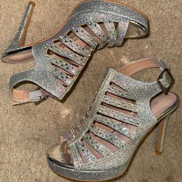 Delicacy Silver Rhinestone Cage Heels Platform Stiletto Sandals Size 8.5 - Picture 5 of 9